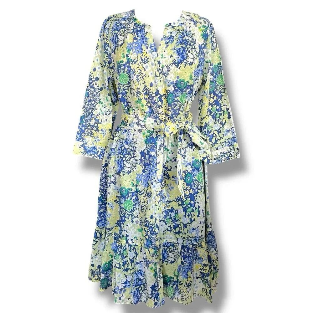 Talbots Womens Midi Dress Sz 14P 14 Petite Blue Butterfly Floral Belted Cotton